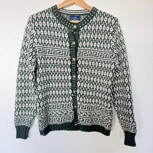 Vintage Woolrich Button Down 100% Cotton Cardigan White and Forest Green Small